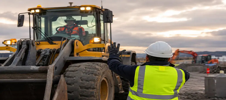 Worker signaling a loader operator at a construction site.