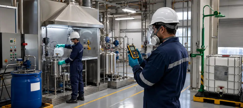 Workers wearing PPE inspect chemicals in an industrial facility.