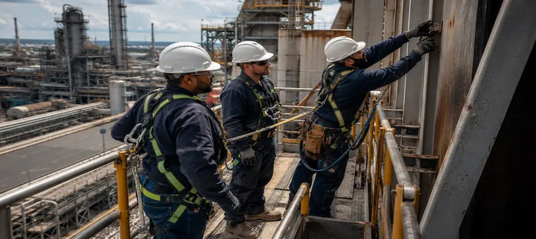 Workers inspecting height safety equipment.