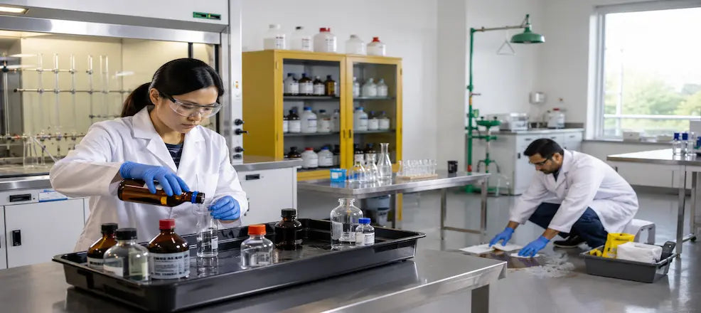 Lab workers handling chemicals and cleaning a spill.