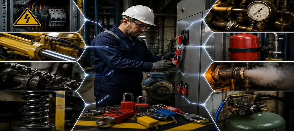 Worker locking machinery with multiple energy sources highlighted.