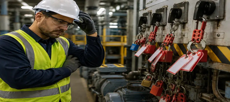 Worker reviewing multiple locked-out machines with safety locks and tags.