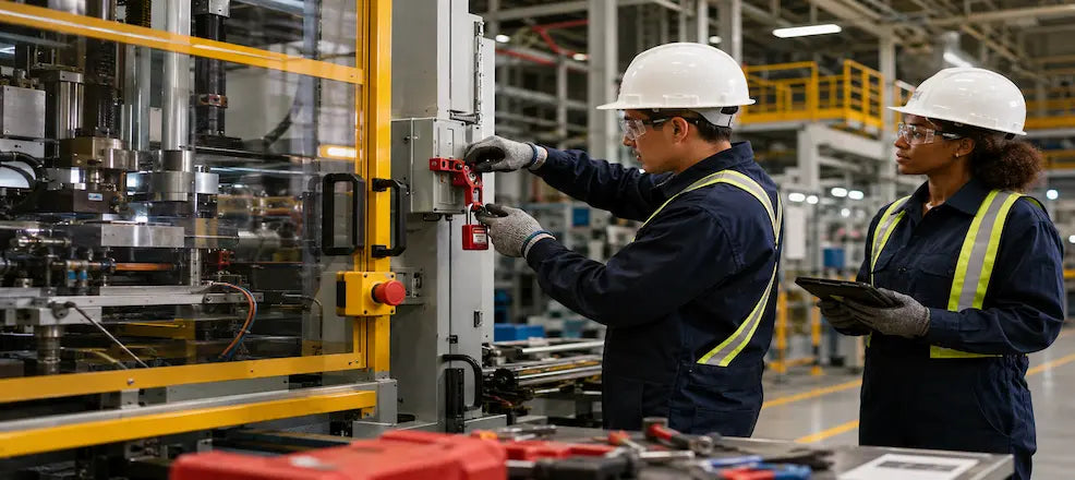 Workers applying lockout tagout on industrial equipment.