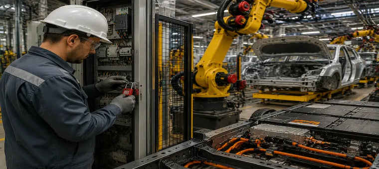 Technician applying lockout tagout near robotic equipment.