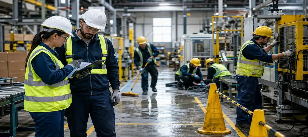 Safety workers inspect machinery on a factory floor.