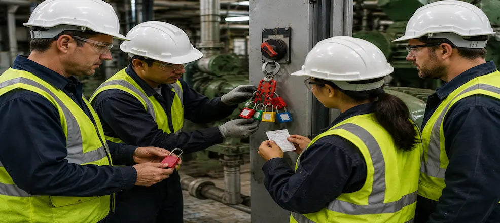 Workers applying personal locks to a group lockbox.