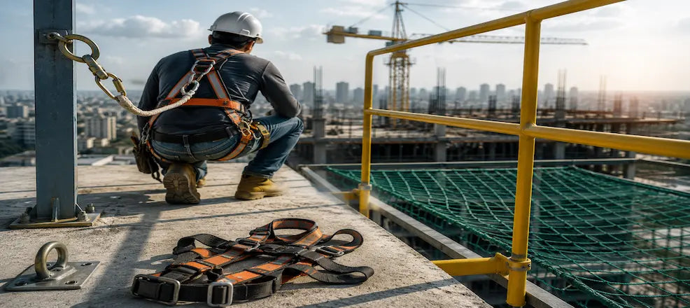 Worker wearing harness at height on construction site.