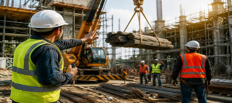 Construction team managing a crane lift.