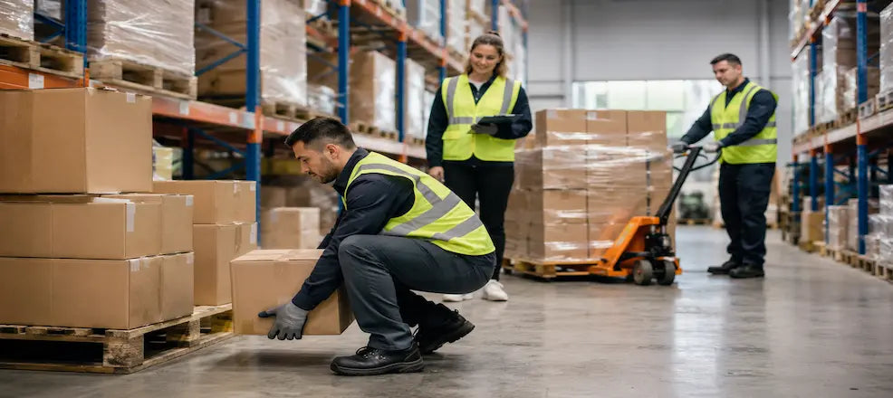 Worker lifting a box safely.