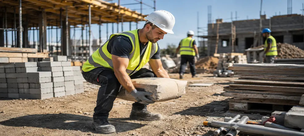 Construction worker lifting a heavy bag safely.