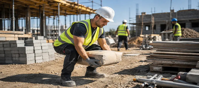 Construction worker lifting a heavy bag safely.