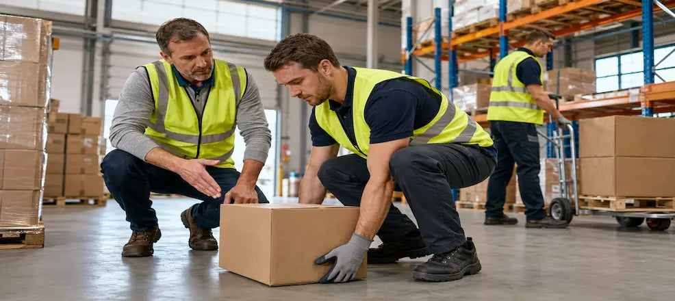 Safe lifting training in a warehouse.