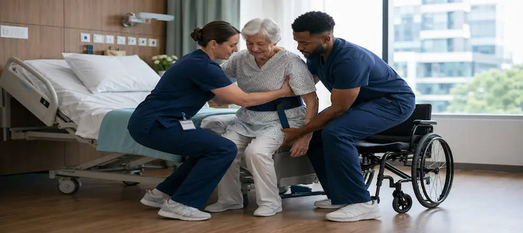 Elderly patient being assisted into a wheelchair by caregivers.