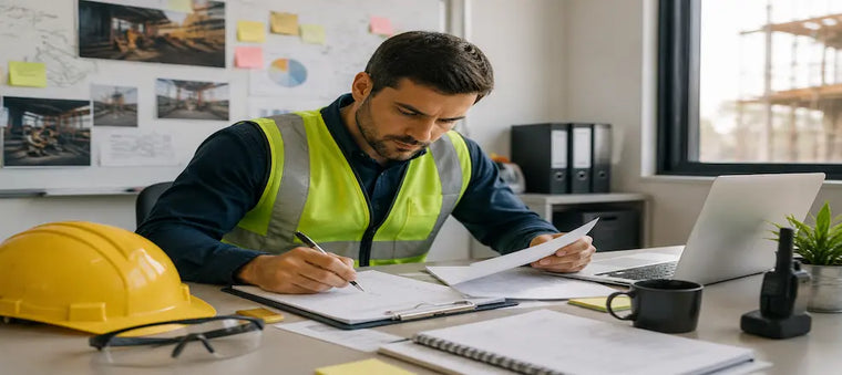 HSE professional analysing safety documents at a desk.