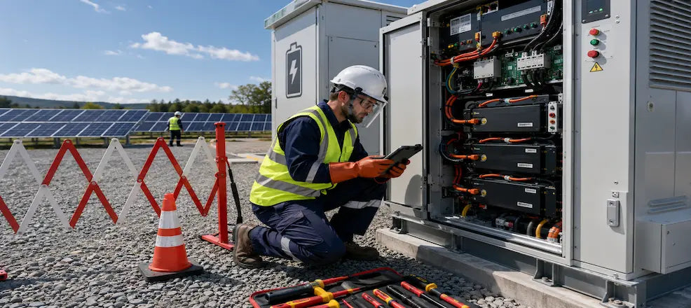 Technician inspecting a solar battery storage system.