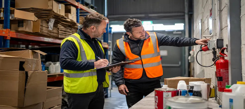 Safety workers inspect electrical and fire safety equipment in a warehouse.