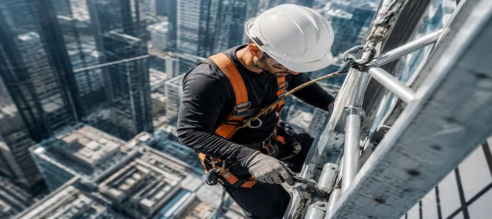 Worker secured on high-rise scaffolding.