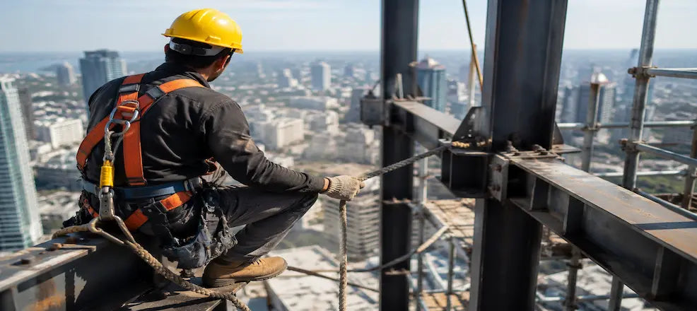 Worker using fall protection equipment on a high-rise construction site.