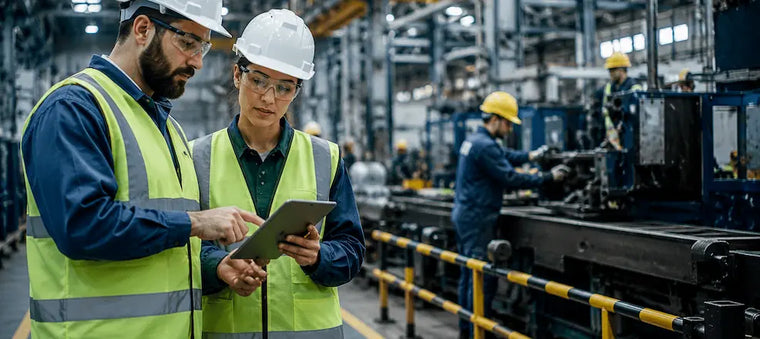 Safety inspectors reviewing factory operations.