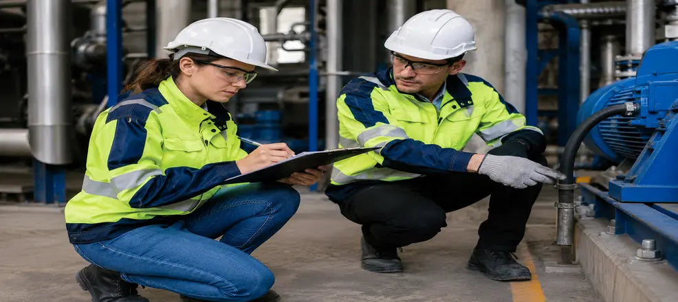 Two industrial workers inspecting machinery and completing a workplace safety assessment.