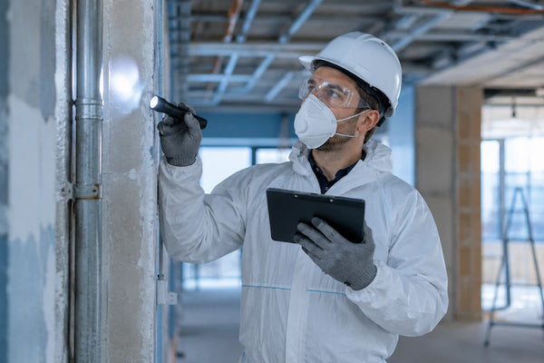 European asbestos safety professional wearing protective equipment and inspecting building materials with a flashlight and tablet during a workplace asbestos risk assessment in a renovation environment.