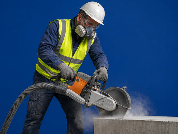 Construction worker wearing PPE and respirator using a concrete saw with vacuum dust extraction to control respirable silica dust during cutting work.