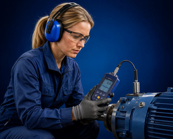 European female industrial worker wearing hearing protection and safety glasses, using a handheld vibration meter on a machine in a professional industrial setting. Focused on occupational noise and vibration safety.