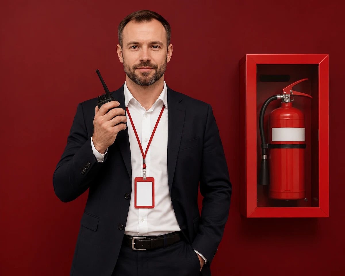 A professional man in a suit holding a walkie-talkie beside a fire extinguisher cabinet, representing a corporate fire warden role.