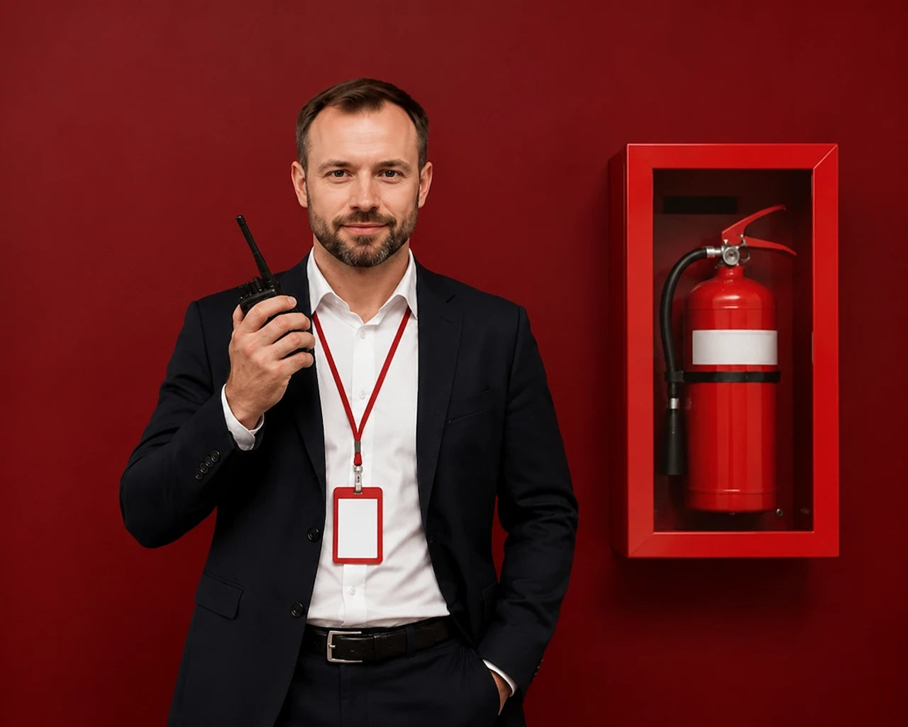 Professional fire warden holding a radio beside a wall-mounted fire extinguisher cabinet during workplace fire safety training