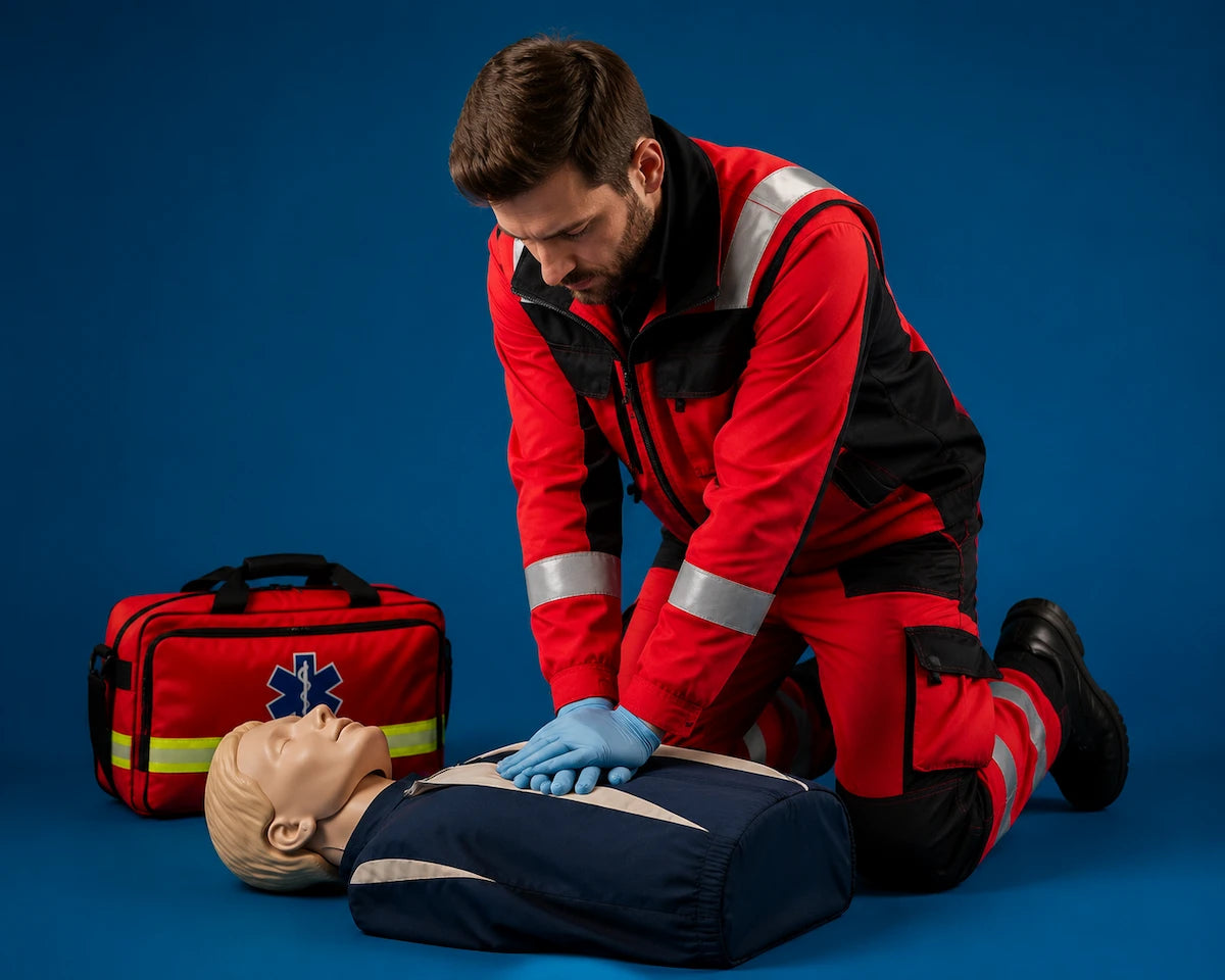 European first aid responder practicing CPR on a training mannequin with emergency medical equipment, demonstrating workplace first aid and life-saving response skills.