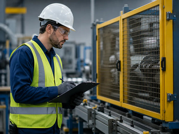 European factory worker wearing safety helmet, high-visibility vest, and gloves inspecting guarded machinery with clipboard in industrial production environment.