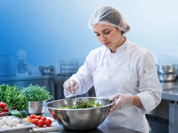 European food handler wearing hygiene uniform, hairnet, and gloves preparing fresh ingredients in a clean commercial kitchen following food safety and hygiene practices.