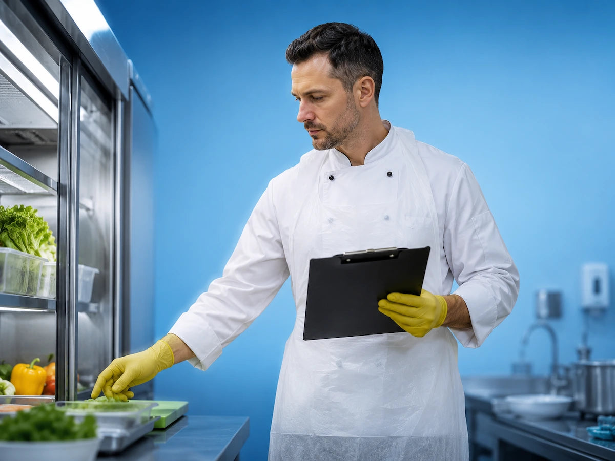 European supervisor wearing chef coat, gloves, and apron, inspecting fresh vegetables in a professional commercial kitchen with clipboard, demonstrating food safety and hygiene compliance for Level 2 training