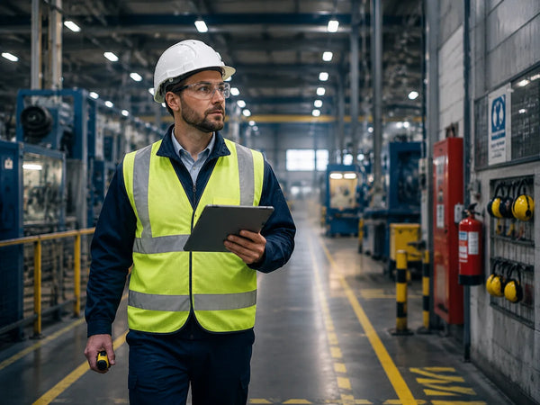 HSE officer wearing safety helmet and high visibility vest conducting a workplace risk assessment with tablet in a modern industrial facility