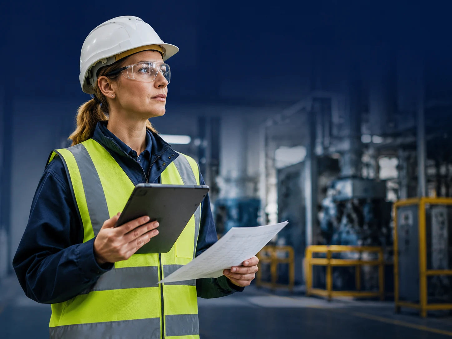 Multicultural safety professionals wearing PPE and high visibility vests collaborating on a workplace risk assessment in an industrial facility, reviewing safety plans and identifying hazards to improve occupational health and safety compliance.