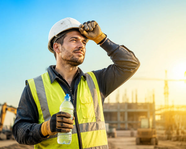 Construction worker wearing safety gear taking a hydration break to prevent heat stress on a hot outdoor job site