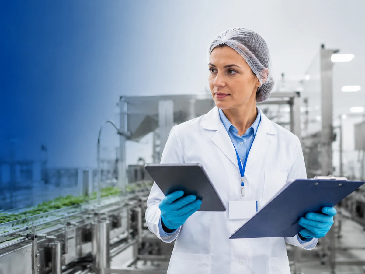 European food safety manager wearing a lab coat and hairnet using a tablet and clipboard to monitor food quality controls in an industrial food production environment.