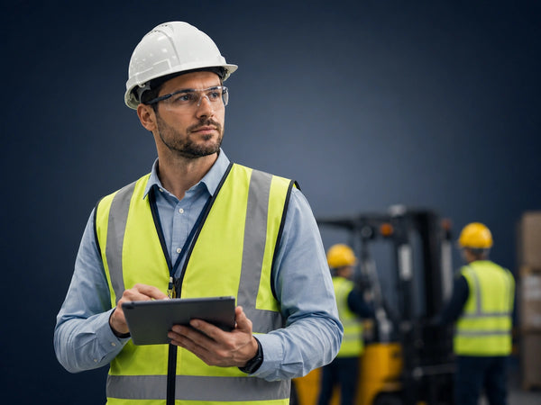 European ISO 45001 internal auditor wearing a hard hat and high-visibility vest, reviewing safety compliance using a tablet in an industrial warehouse, with workers and machinery blurred in the background, demonstrating workplace audit and risk assessment principles.