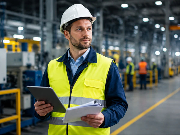 A European safety auditor wearing a white helmet and high visibility vest reviewing workplace safety records with a tablet and documents in a modern industrial factory, representing ISO 45001 internal audit preparation, evidence checking, and occupational health and safety management system evaluation.