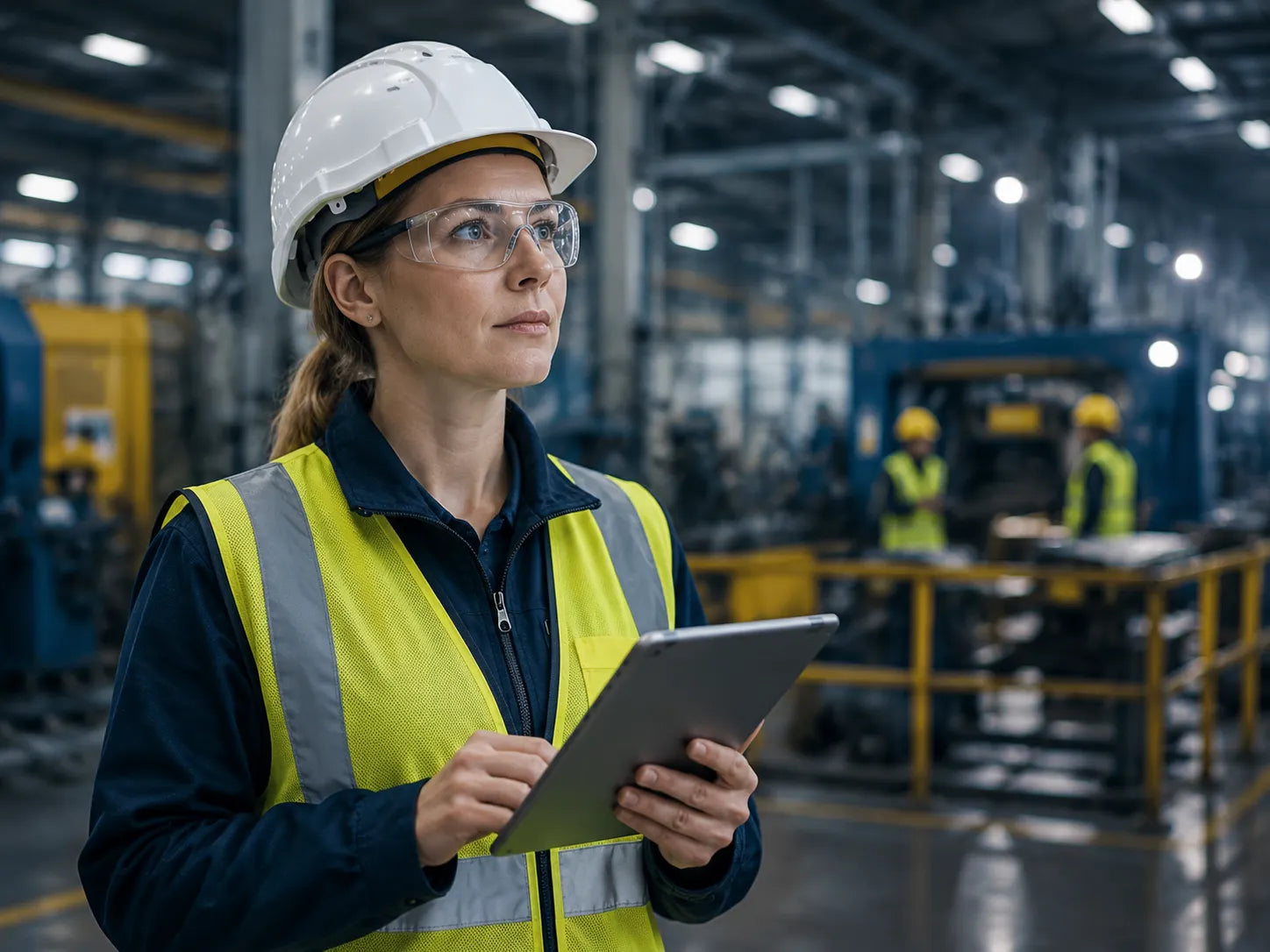 European safety officer wearing PPE and using a tablet to conduct a workplace hazard assessment for NEBOSH IGC safety training