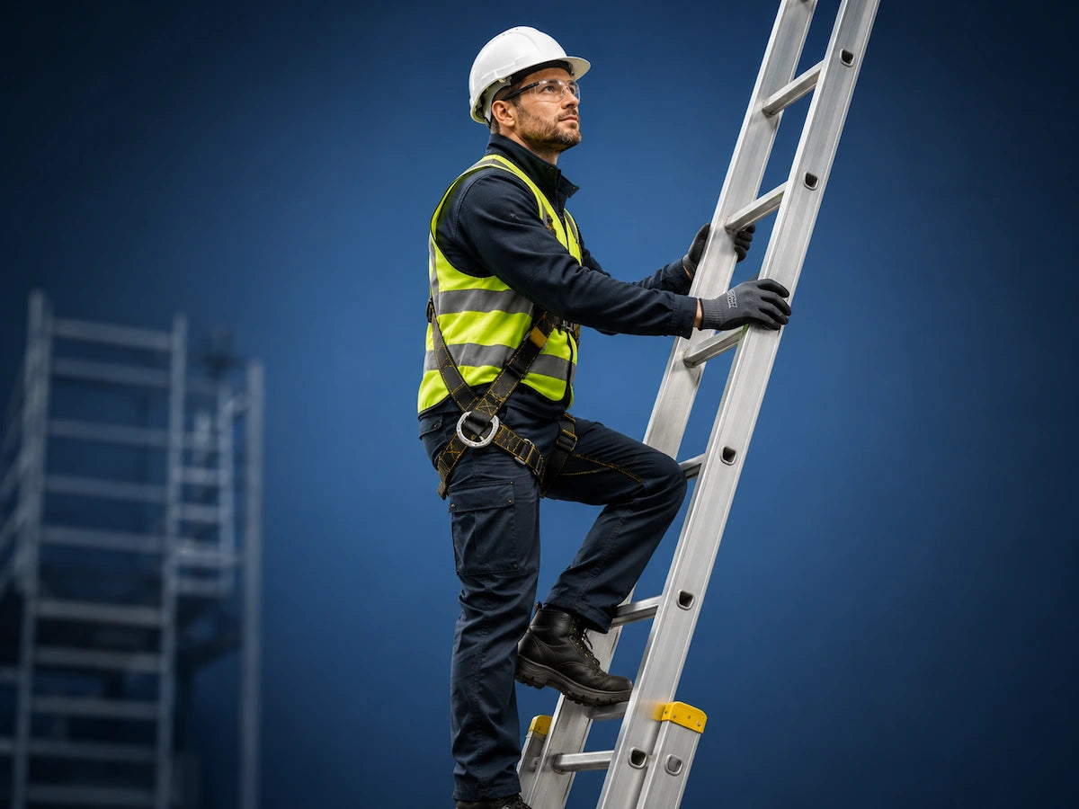 European construction worker wearing safety helmet, high-visibility vest, gloves, and non-slip boots climbing an industrial ladder with proper posture, demonstrating fall prevention and ladder safety techniques against a deep blue gradient background