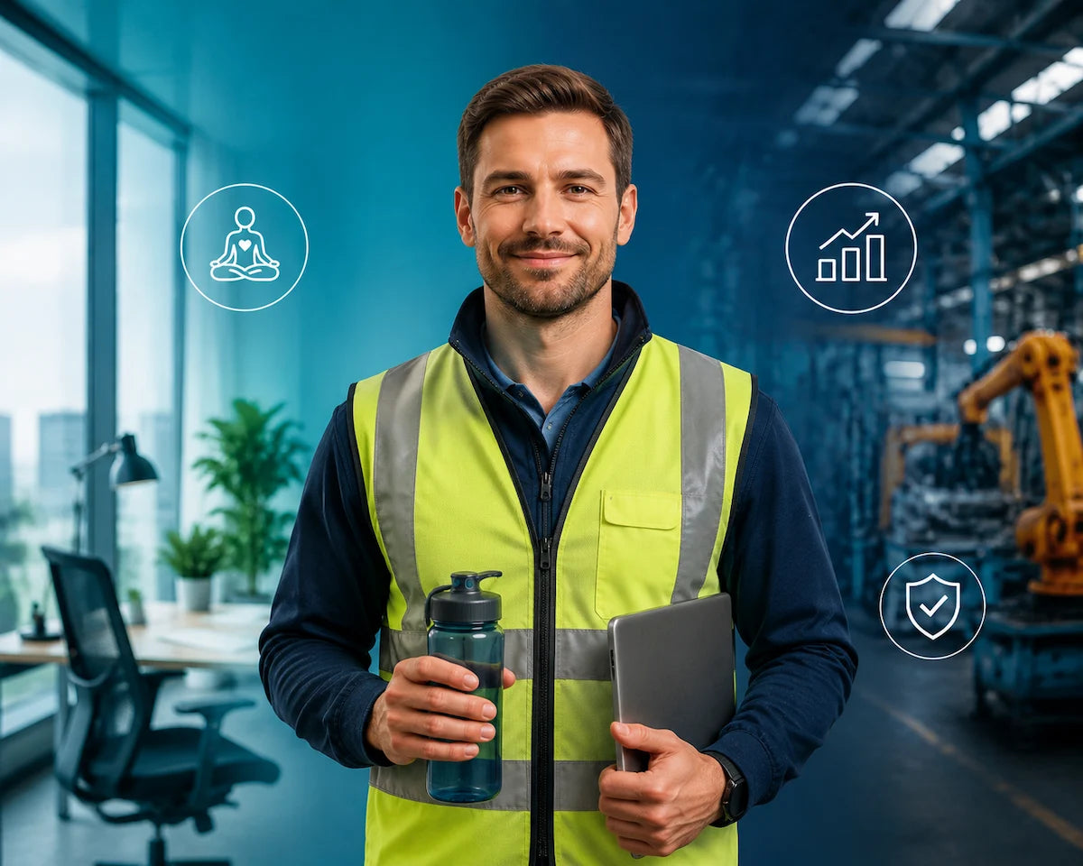 A professional worker representing occupational health and workplace wellbeing, balancing physical health, mental wellness, and productivity across office and industrial environments.