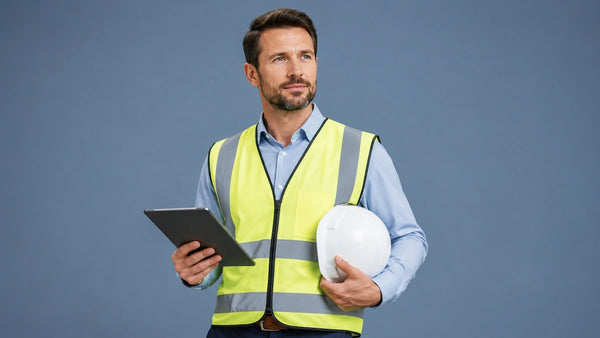 Safety professional holding tablet and hard hat on plain background.