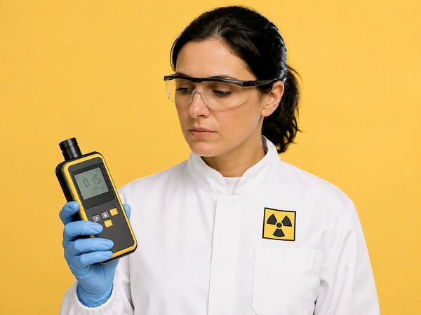Radiation safety professional in protective lab coat, gloves, and goggles checking a Geiger counter reading, representing radiation monitoring, PPE, and workplace protection training.