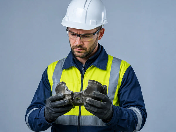 Safety professional in PPE examines a broken machine part, representing incident investigation, root cause analysis, equipment failure, and workplace safety training.