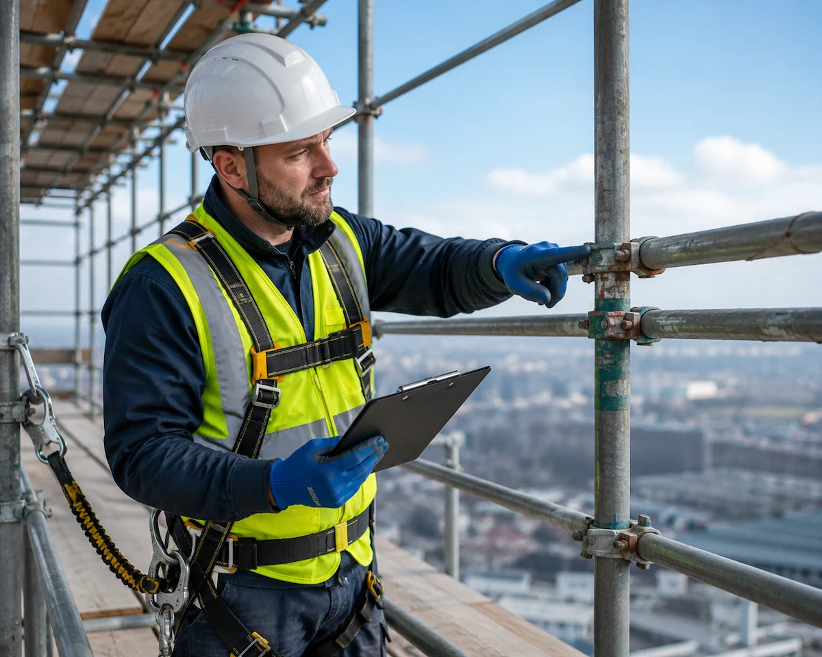 European construction worker wearing safety harness, helmet, and high-vis vest inspecting scaffold connections on a high-rise construction site, ensuring compliance with occupational safety standards.