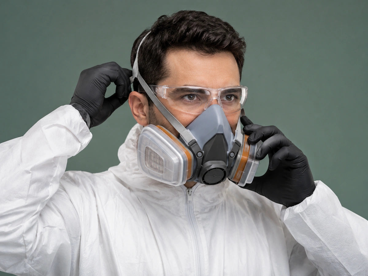 Safety worker in protective coverall, gloves, and goggles adjusts a respirator mask, showing proper fit testing and respiratory protection for airborne hazards.