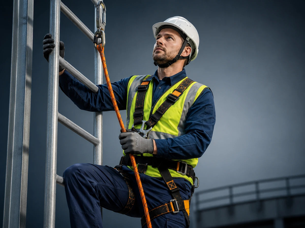 European construction worker wearing safety helmet, high-visibility vest, gloves, and fall-arrest harness, climbing an industrial ladder while securely holding a safety rope, demonstrating proper working at height and fall prevention practices