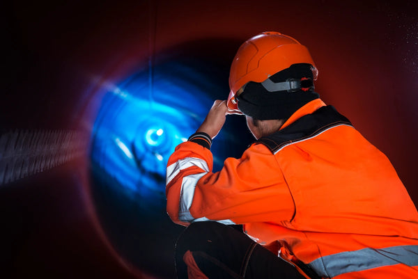 Worker in safety gear inspecting inside a large industrial pipe.